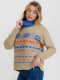 WOMEN'S LONG SLEEVE TURTLE NECK COLORBLOCK PULLOVER SWEATER