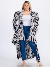 PLUS SIZE LONG SLEEVE BUTTON CLOSURE SELF TIE PRINTED HIGH LOW COAT