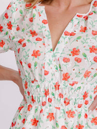WOMEN'S SHORT SLEEVE V-NECK SMOCK WAIST EYELET FLORAL MINI DRESS