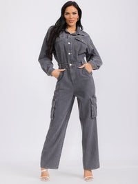 WOMEN'S LONG SLEEVE POCKETS BUTTON UP WIDE LEG DENIM JUMPSUIT