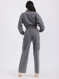 WOMEN'S LONG SLEEVE POCKETS BUTTON UP WIDE LEG DENIM JUMPSUIT