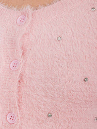 WOMEN'S LONG SLEEVE BUTTON UP FUZZY STUDS SWEATER
