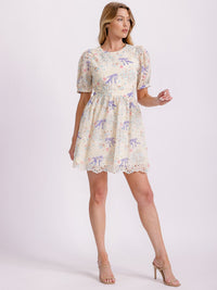 WOMEN'S SHORT PUFF SLEEVE CUT OUT BACK EYELET FLORAL MINI DRESS