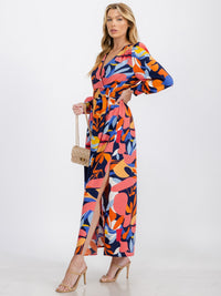 WOMEN'S LONG SLEEVE SURPLICE ELASTIC WAIST MULTI PRINT MAXI DRESS
