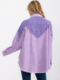 WOMEN'S LONG SLEEVE BUTTON UP FRONT POCKETS PEARL DETAILED DENIM JACKET