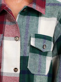 WOMEN'S LONG SLEEVE FRONT POCKETS BUTTON UP OVERSIZED PLAID SHIRT
