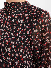 WOMEN'S LONG SLEEVE MOCK NECK SMOCK WAIST TIERED FLORAL MINI DRESS