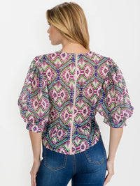 WOMEN'S SHORT PUFF SLEEVE ZIP UP MULTI PRINT BLOUSE