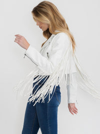 WOMEN'S LONG SLEEVE ZIP UP PU PLEATHER FRINGE JACKET