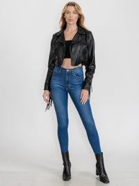WOMEN'S LONG SLEEVE ZIP UP PU PLEATHER FRINGE JACKET