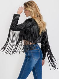 WOMEN'S LONG SLEEVE ZIP UP PU PLEATHER FRINGE JACKET