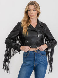 WOMEN'S LONG SLEEVE ZIP UP PU PLEATHER FRINGE JACKET