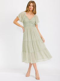 WOMEN'S SHORT SLEEVE V-NECK SMOCK TIERED FLORAL MAXI DRESS