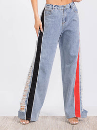 WOMEN'S BUTTON CLOSURE POCKETS COLORBLOCK DISTRESS DENIM WIDE LEG PANTS