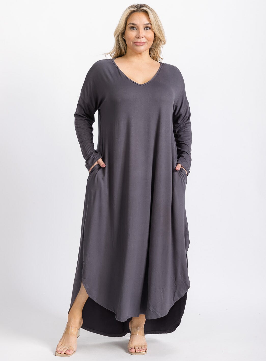 PLUS SIZE LONG SLEEVE V-NECK FRONT POCKETS HIGH-LOW TUNIC MAXI DRESS –  Wholesalefashiontrends.com