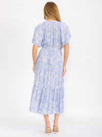 WOMEN'S SHORT SLEEVE BUTTON UP TIERED LEAF PRINT MAXI DRESS