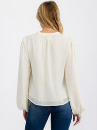 WOMEN'S LONG SLEEVE V-NECK BUTTON RUFFLE SWISS DOTS BLOUSE TOP