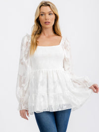 WOMEN'S LONG SLEEVE SQUARE NECK SMOCK PEPLUM BLOUSE TOP