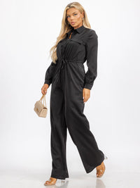 WOMEN'S LONG SLEEVE BUTTON UP SELF TIE POCKETS WIDE LEG JUMPSUIT