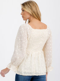 WOMEN'S LONG SLEEVE SQUARE NECK SMOCK SHIMMER PEPLUM BLOUSE TOP