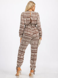 WOMEN'S LONG SLEEVE SURPLICE SELF TIE POCKETS PRINTED SKINNY LEG JUMPSUIT
