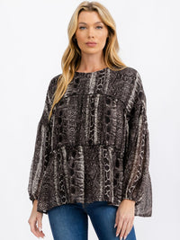WOMEN'S LONG SLEEVE TIERED TUNIC ANIMAL PRINT BLOUSE TOP