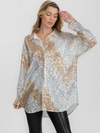 WOMEN'S LONG SLEEVE BUTTON UP MULTI COLOR SEQUINS TOP