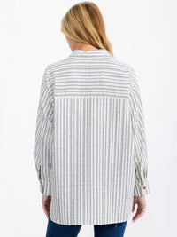 WOMEN'S LONG SLEEVE BUTTON UP FRONT POCKET STRIPES SHIRT TOP