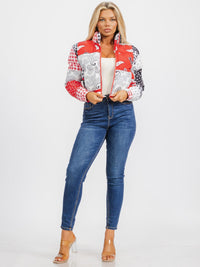 WOMEN'S LONG SLEEVE ZIP UP FRONT POCKETS PUFFER MULTI PRINT JACKET