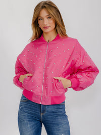 WOMEN'S LONG SLEEVE FRONT POCKETS ZIP UP STUDS DETAILED PUFFER JACKET