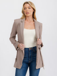 WOMEN'S LONG SLEEVE OPEN FRONT POCKETS BELTED BLAZER