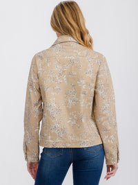 WOMEN'S LONG SLEEVE FRONT POCKETS BUTTON CLOSURE FLORAL DENIM JACKET