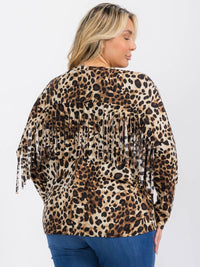 PLUS SIZE LONG SLEEVE FRINGE ANIMAL PRINT BLOUSE TOP