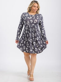PLUS SIZE LONG SLEEVE ELASTIC WAIST FRONT POCKETS ANIMAL PRINT MINI DRESS