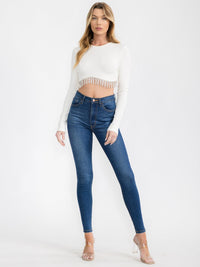 WOMEN'S LONG SLEEVE STUDS TRIM DETAILED CROP TOP