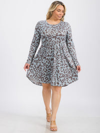 PLUS SIZE LONG SLEEVE ELASTIC WAIST FRONT POCKETS ANIMAL PRINT MINI DRESS