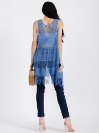 WOMEN'S SLEEVELESS OPEN FRONT FRINGE CROCHET CARDIGAN