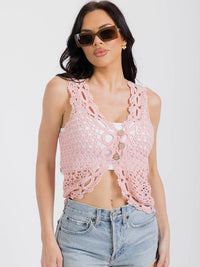 WOMEN'S SLEEVELESS BUTTON CLOSURE CROCHET TANK TOP