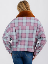 WOMEN'S LONG SLEEVE REMOVABLE SHERPA NECK BUTTON CLOSURE CHECKERS DENIM JACKET