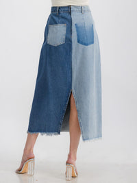 WOMEN'S BUTTON CLOSURE POCKETS 2-TONE DENIM MAXI SKIRT