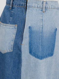 WOMEN'S BUTTON CLOSURE POCKETS 2-TONE DENIM MAXI SKIRT