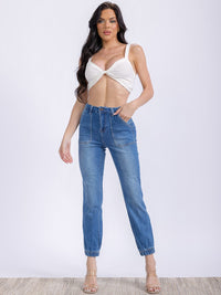 WOMEN'S BUTTON CLOSURE POCKETS HIGH STRETCH JOGGER DENIM PANTS