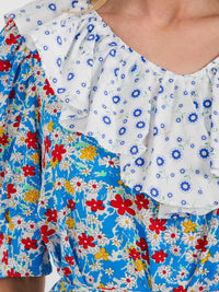 WOMEN'S SHORT SLEEVE RUFFLE COLORBLOCK FLORAL MIDI DRESS