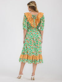 WOMEN'S SHORT SLEEVE RUFFLE COLORBLOCK FLORAL MIDI DRESS