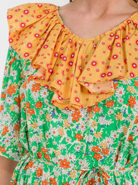 WOMEN'S SHORT SLEEVE RUFFLE COLORBLOCK FLORAL MIDI DRESS