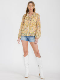WOMEN'S LONG SLEEVE BUTTON UP RUFFLE FLORAL BLOUSE