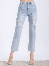 WOMEN'S BUTTON CLOSURE POCKETS DISTRESS HIGH STRETCH DENIM PANTS