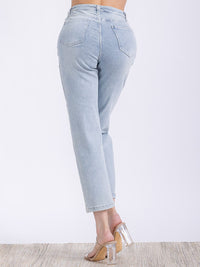 WOMEN'S BUTTON CLOSURE POCKETS DISTRESS HIGH STRETCH DENIM PANTS