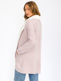 WOMEN'S LONG SLEEVE OPEN FRONT POCKETS SHERPA COLLAR CARDIGAN