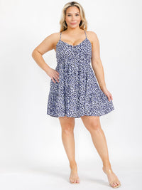 PLUS SIZE SLEEVELESS V-NECK SMOCK ANIMAL PRINT MINI DRESS